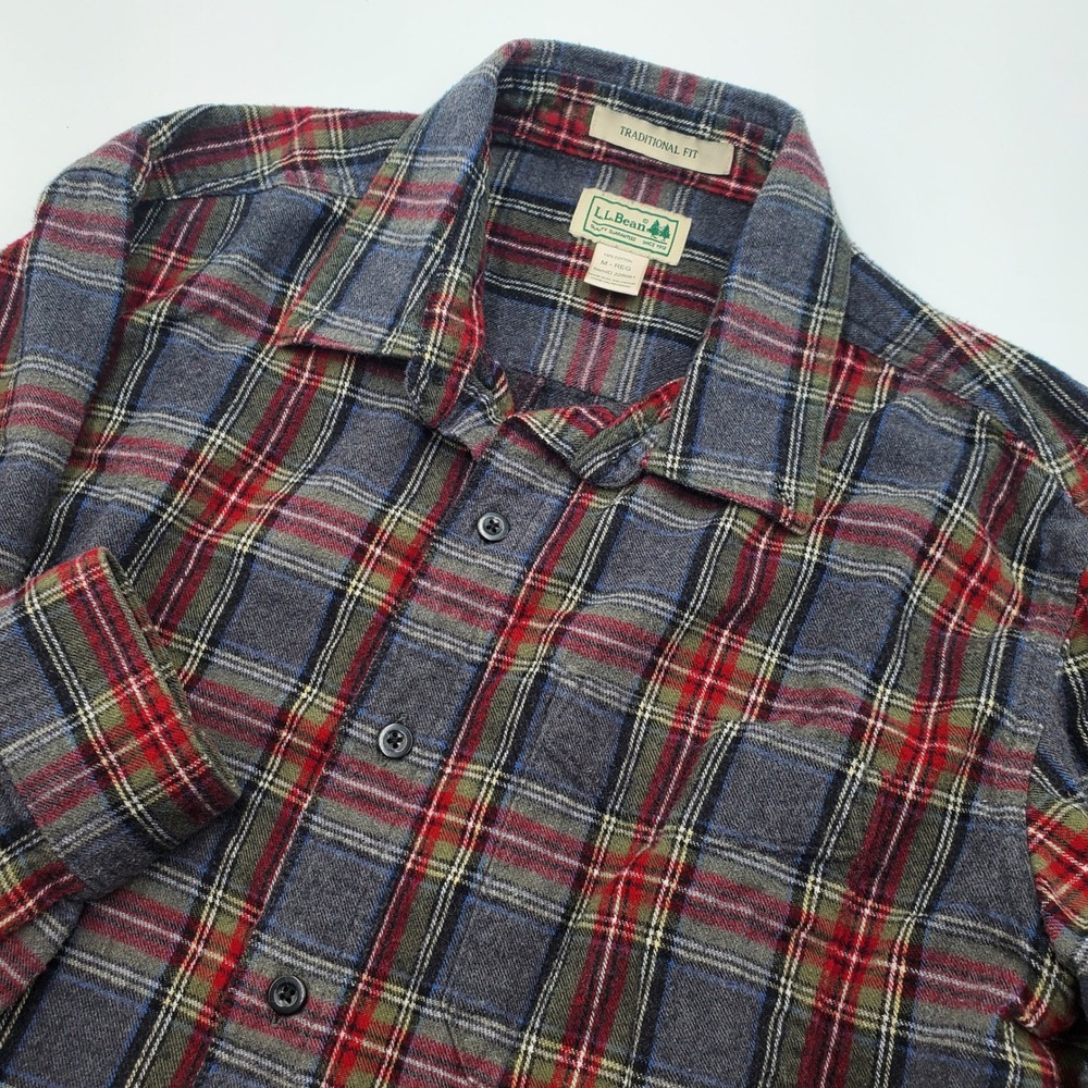 LL Bean‎ Mens Traditional Fit Flannel Shirt Medium Grey Red Plaid Cotton 228061